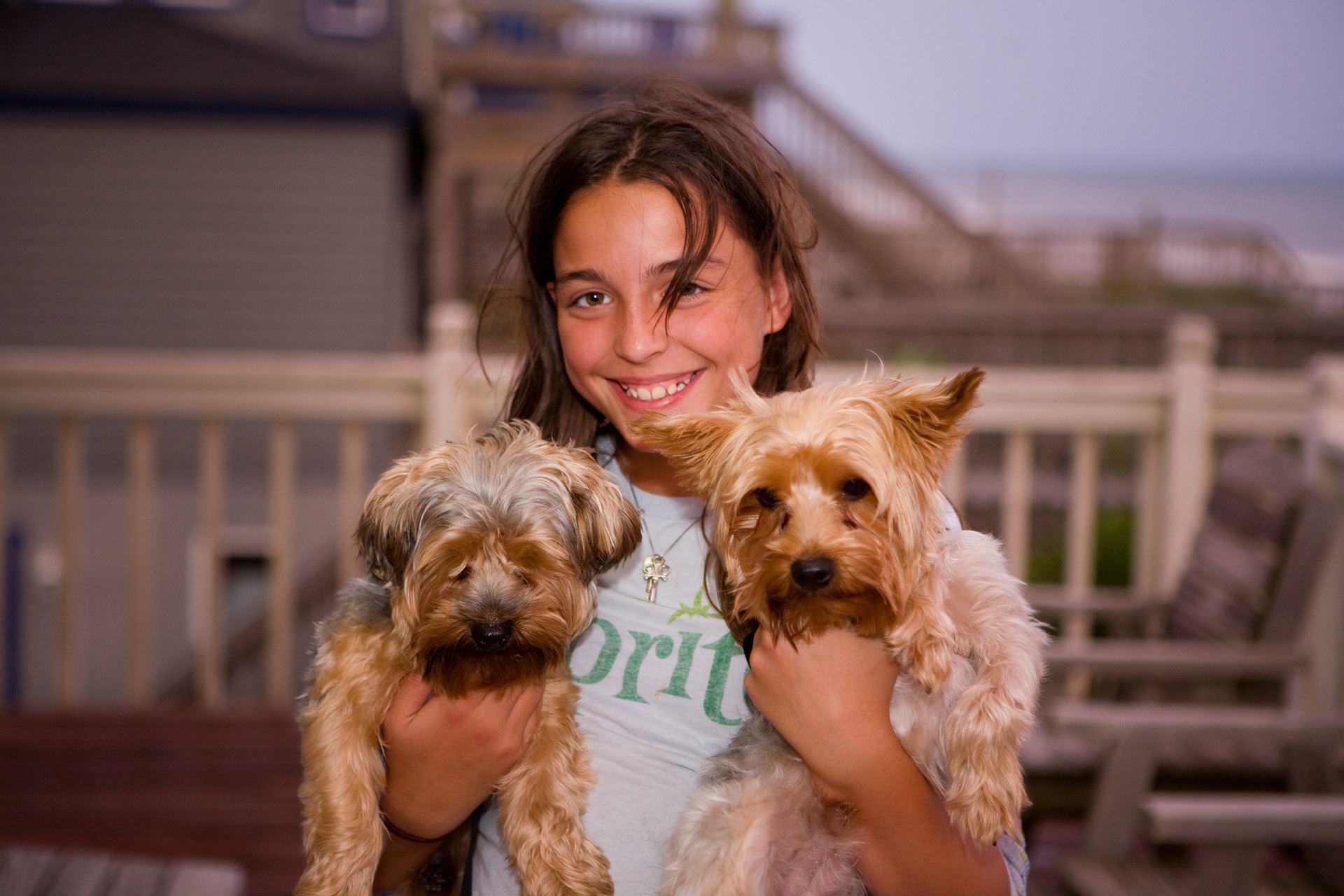 girl holds two dogs